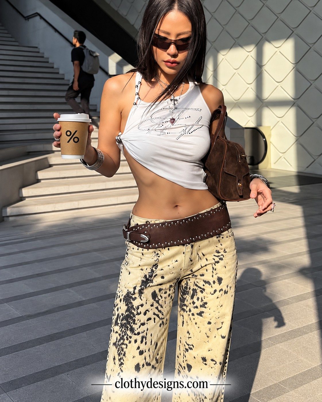 Women’s White Y2K Crop Tank Top – Beaded Straps, Side-Tie Backless Design & Asymmetric Print, Sleeveless Summer Going-Out Top